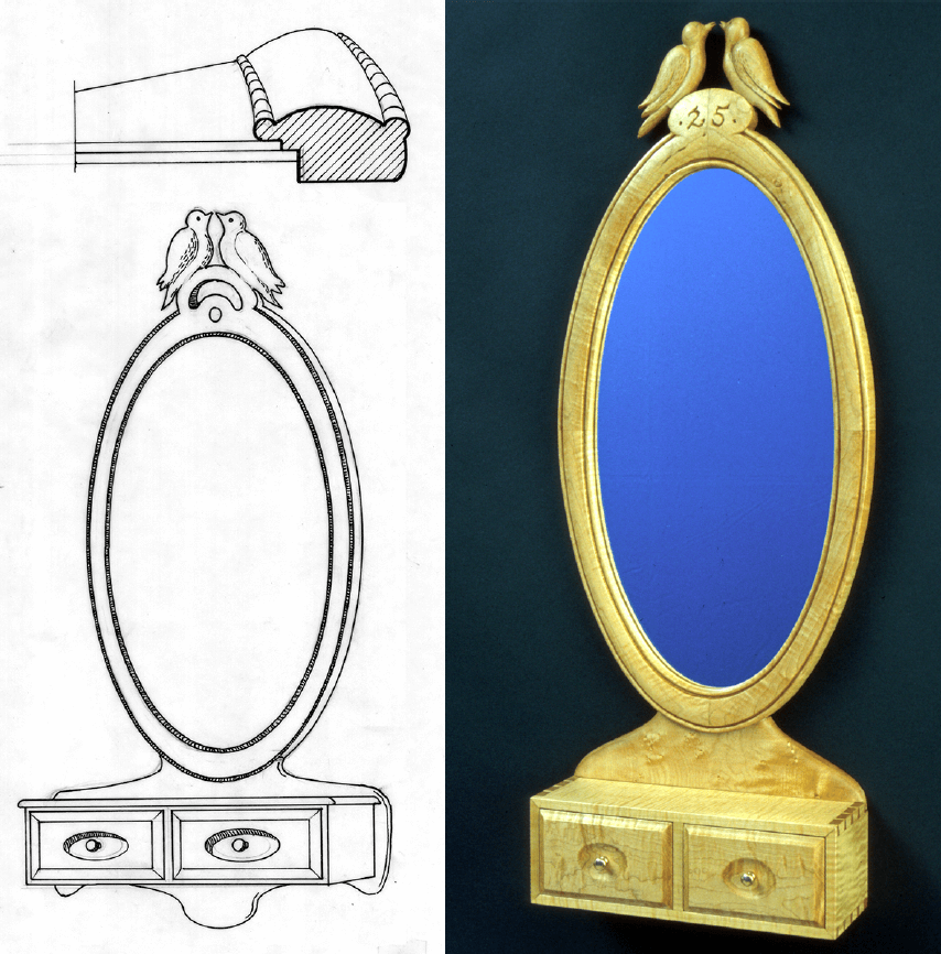An oval mirror with drawers and birds.
